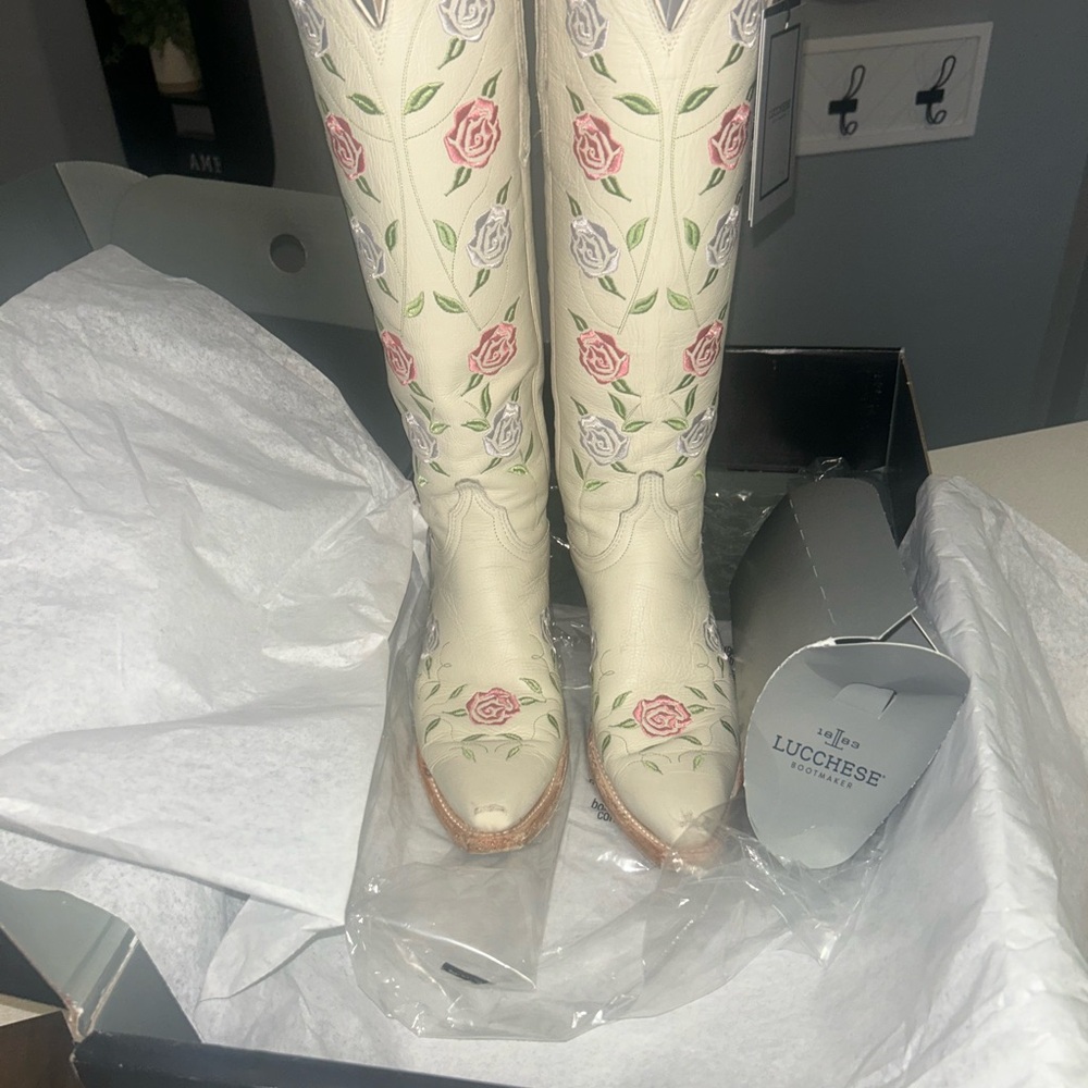 Lucchese Cream Pink Heeled Boots with Floral Embroidery|  Priscella in Bloom